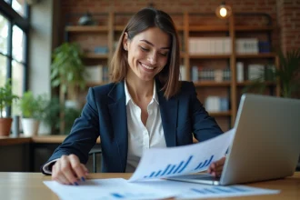 Entrepreneure en 2026 consultant des documents d'aides financières pour créer son entreprise dans un espace de coworking moderne