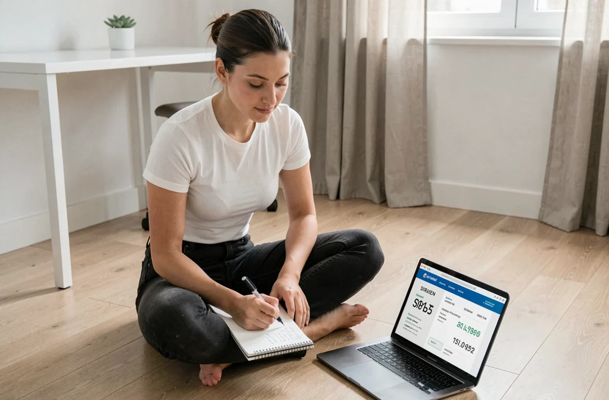 Jeune entrepreneuse recherchant des données d'immatriculation d'une société sur Pappers depuis son bureau à domicile