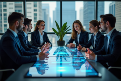 Groupe de professionnels en réunion avec hologrammes