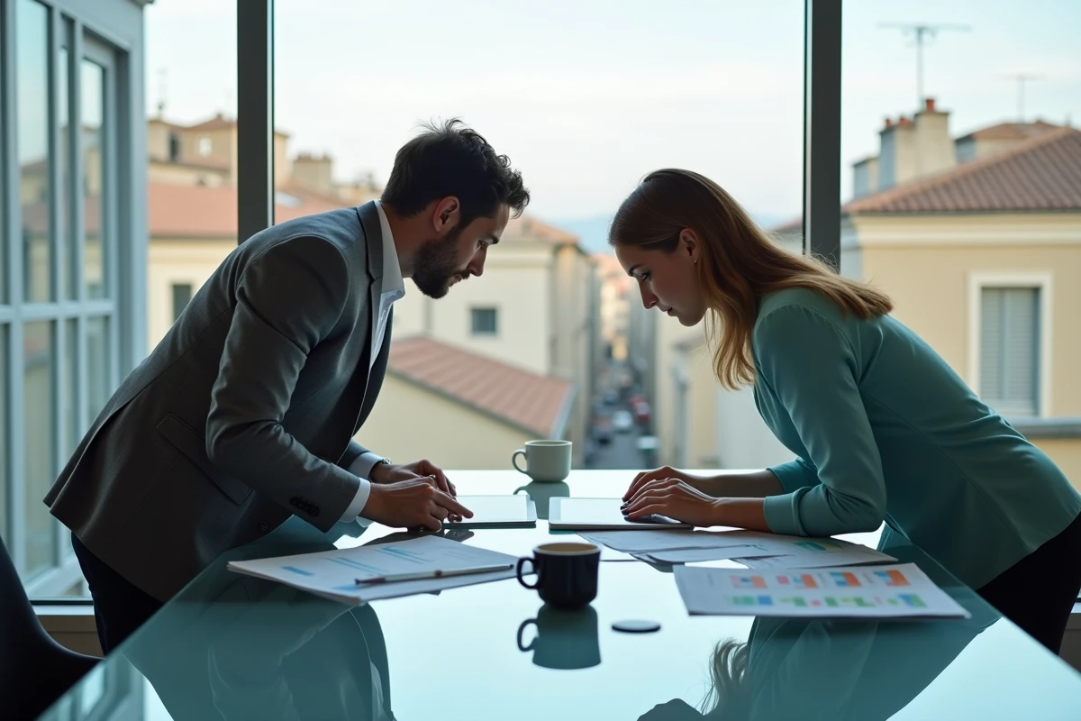 Deux professionnels d'une agence web à Montpellier collaborant sur la stratégie de conversion d'un site vitrine