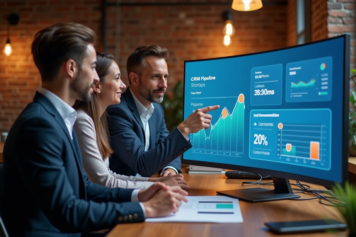 Équipe commerciale analysant des données de dealflow et de génération de leads sur un écran