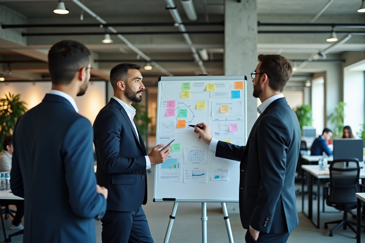Équipe d'auditeurs en réunion stratégique devant un tableau blanc dans un cabinet d'audit international