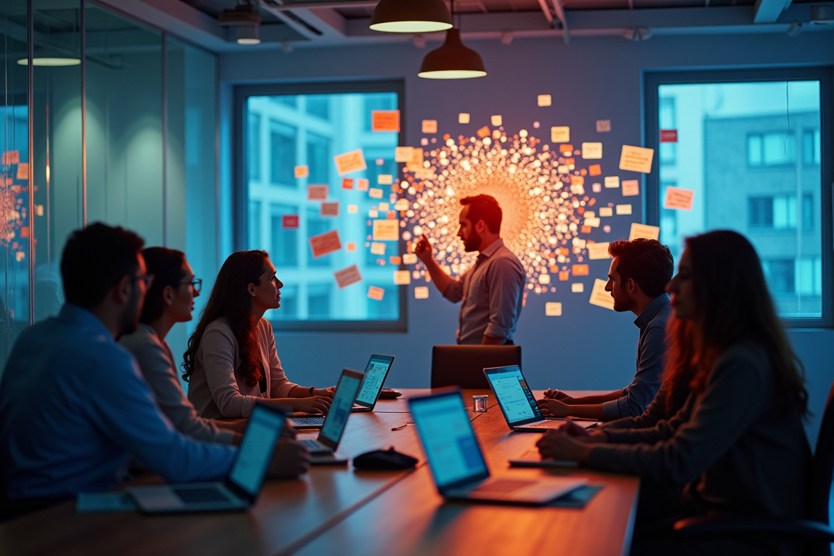 Equipe en réunion avec icônes d