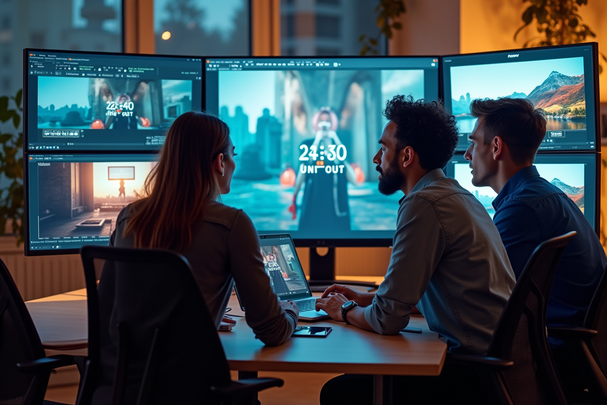 Equipe de production vidéo analysant clips en bureau lumineux