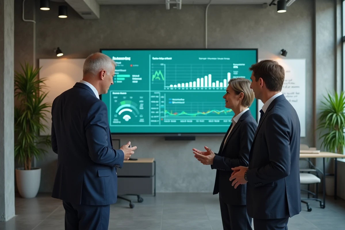Équipe de professionnels analysant des indicateurs RSE et de durabilité sur un écran numérique dans un bureau moderne