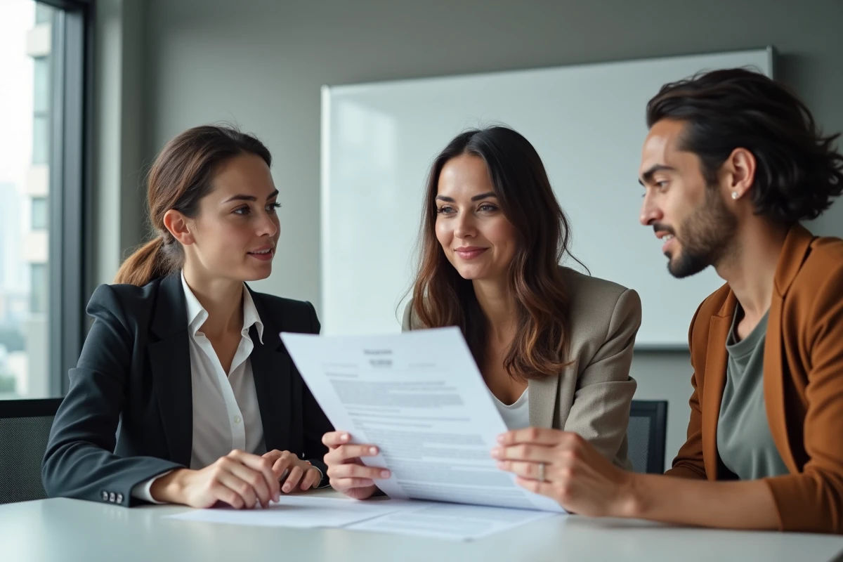 Équipe de collaborateurs en réunion discutant d'une note de service sur le changement d'horaires de travail