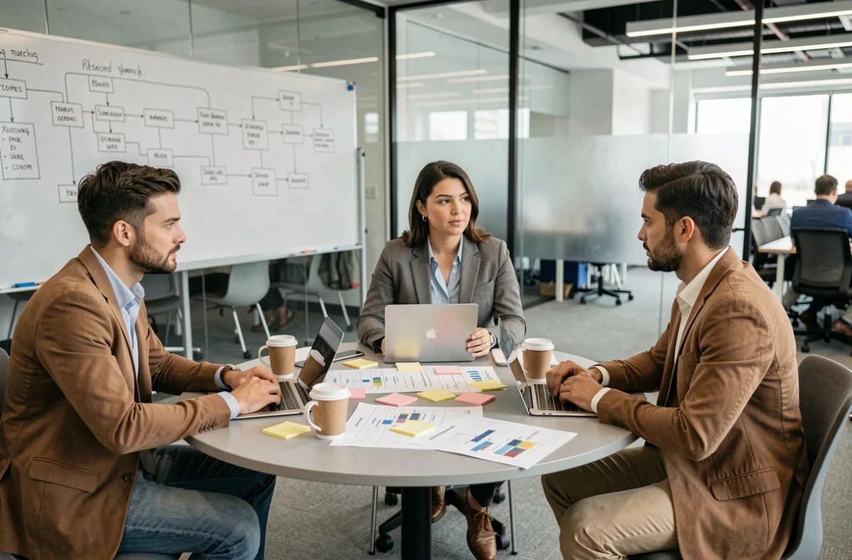 Équipe RH d'une scale-up en réunion stratégique autour d'organigrammes et de notes, illustrant la gestion des ressources humaines en période de croissance rapide