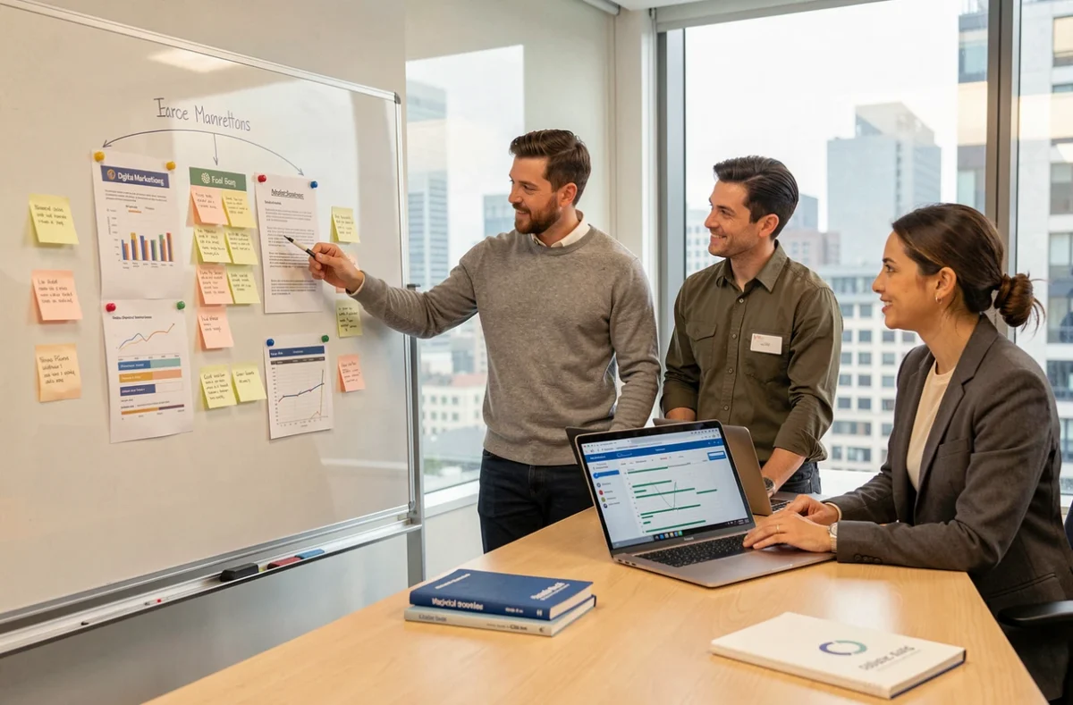 Équipe marketing mixte analysant des données de performance digitale autour d'un tableau blanc dans une salle de réunion moderne