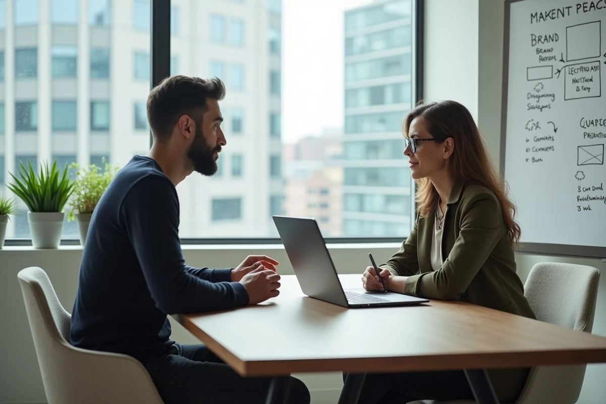 Deux professionnels d'un studio de communication discutant d'une stratégie de marque autour d'une présentation sur ordinateur