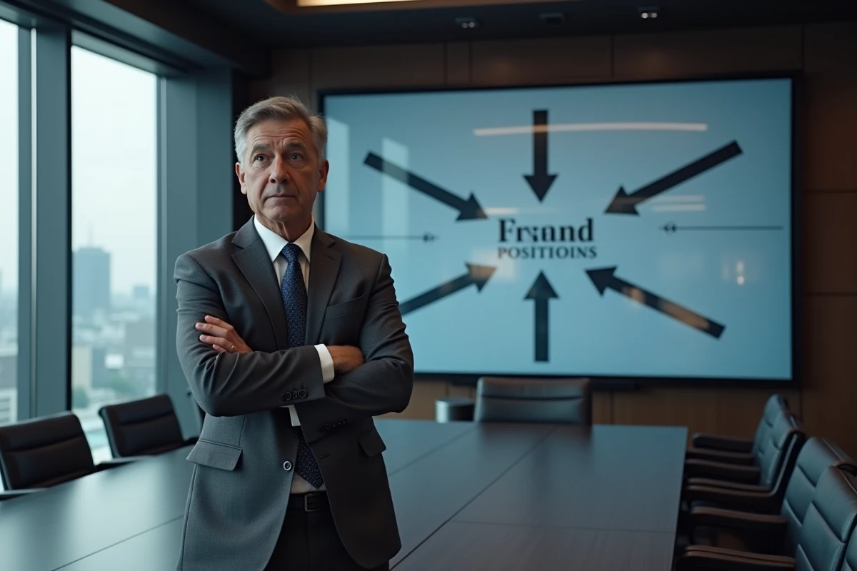 Cadre marketing préoccupé devant un tableau de positionnement de marque incohérent en salle de réunion, symbolisant les erreurs stratégiques qui érodent la confiance client