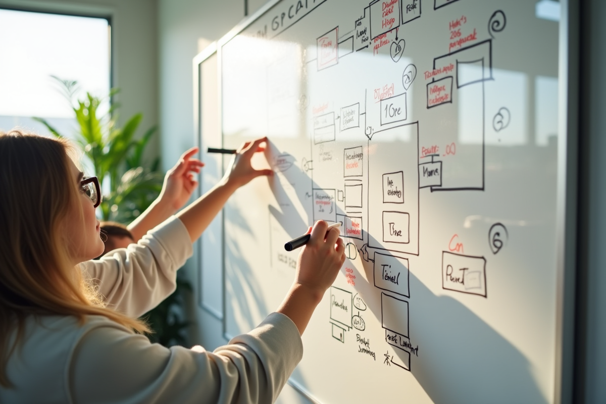 Mains esquissant des idées sur tableau blanc lumineux