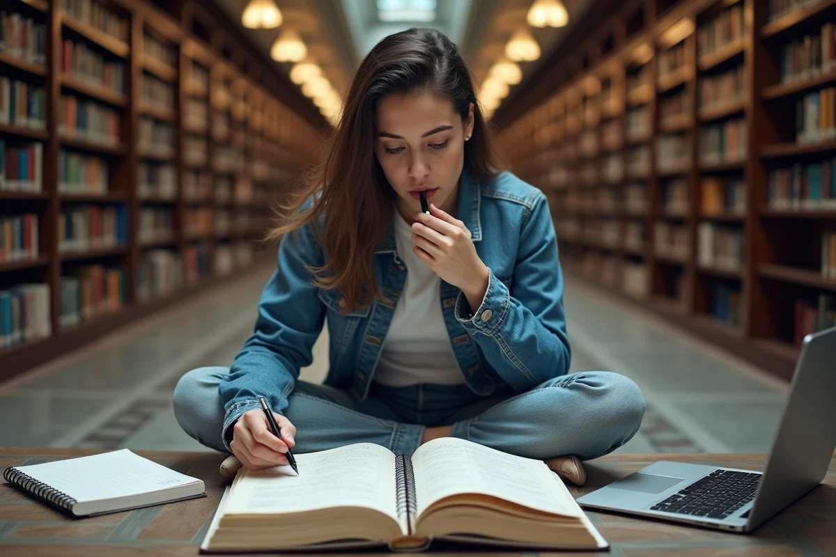 &Eacute;tudiante universitaire utilisant simultan&eacute;ment un agenda papier et un agenda num&eacute;rique sur ordinateur portable en biblioth&egrave;que