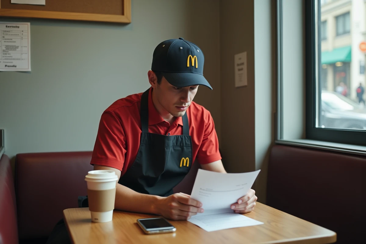 Étudiant en uniforme McDo consultant sa fiche de paie dans une salle de pause, symbolisant le calcul du salaire SMIC 2026
