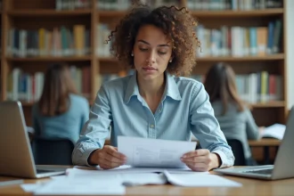 Étudiante consultant des brochures d'orientation professionnelle dans une bibliothèque universitaire