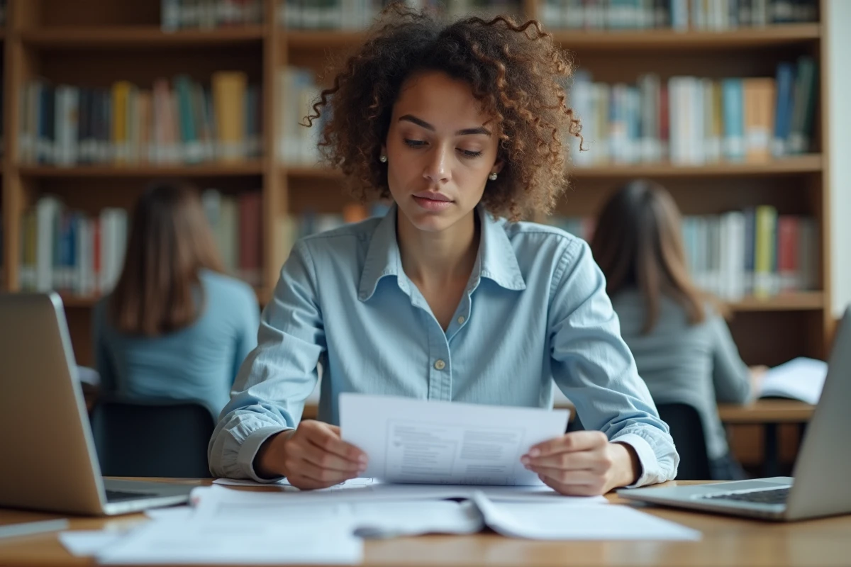 Étudiante consultant des brochures d'orientation professionnelle dans une bibliothèque universitaire