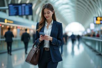 Femme d'affaires en costume dans un aéroport moderne