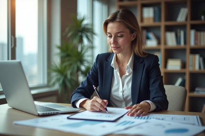 Femme d affaires en blazer analyse des chiffres de ventes