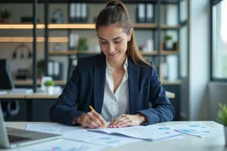 Femme d'affaires en bureau moderne organisant des documents financiers