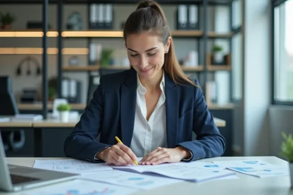 Femme d'affaires en bureau moderne organisant des documents financiers