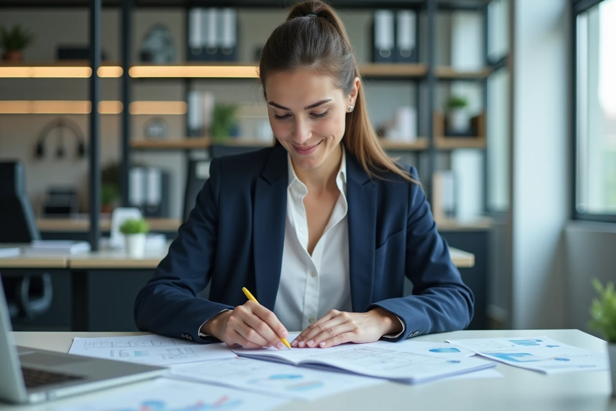 Femme d'affaires en bureau moderne organisant des documents financiers
