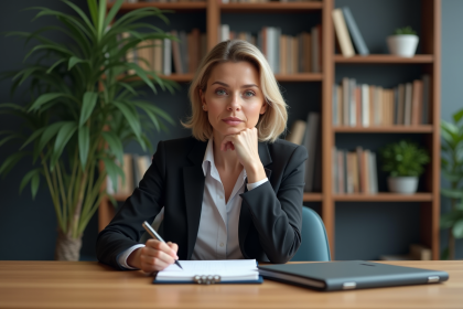 Femme d affaires réfléchissant à son travail dans un bureau