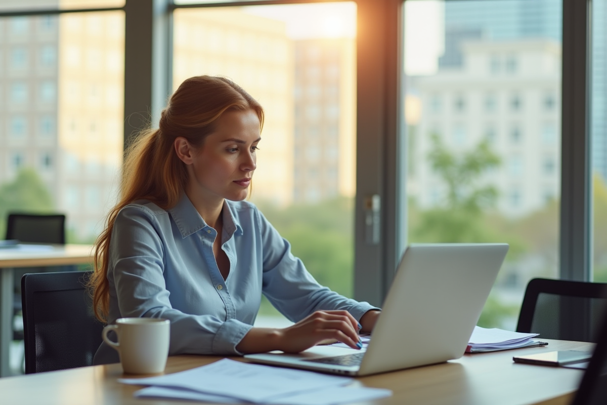 Femme d'affaires calme résolvant un problème sur son ordinateur dans un bureau lumineux