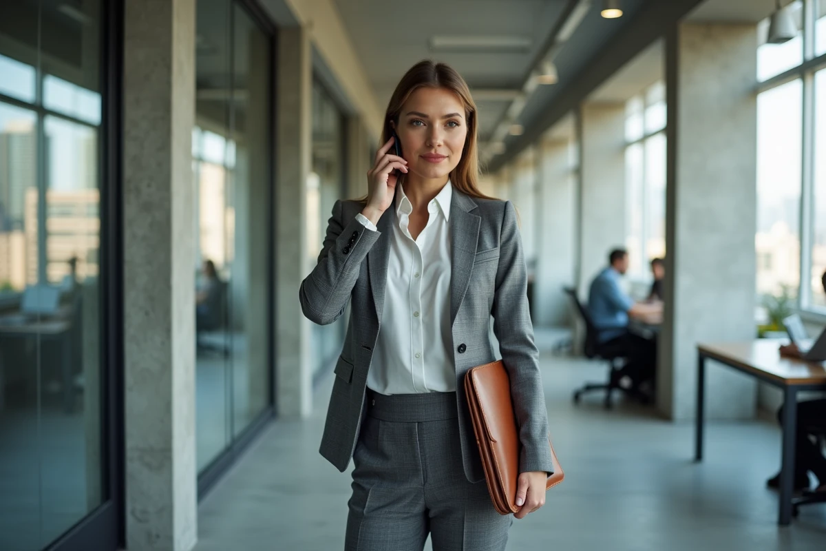 Femme d'affaires indépendante au téléphone dans un espace de coworking moderne, représentant une apporteuse d'affaires particulière en 2026