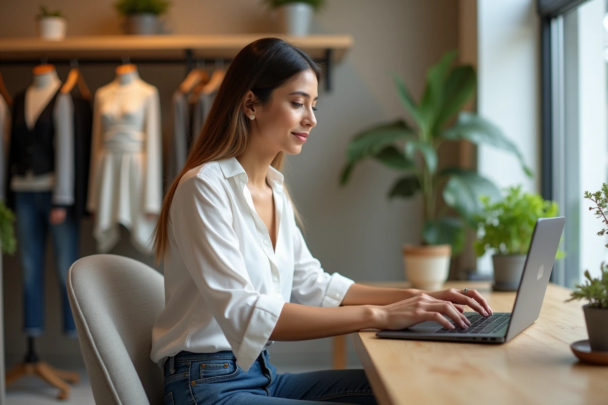 Femme moderne travaillant sur son ordinateur dans une boutique lumineuse