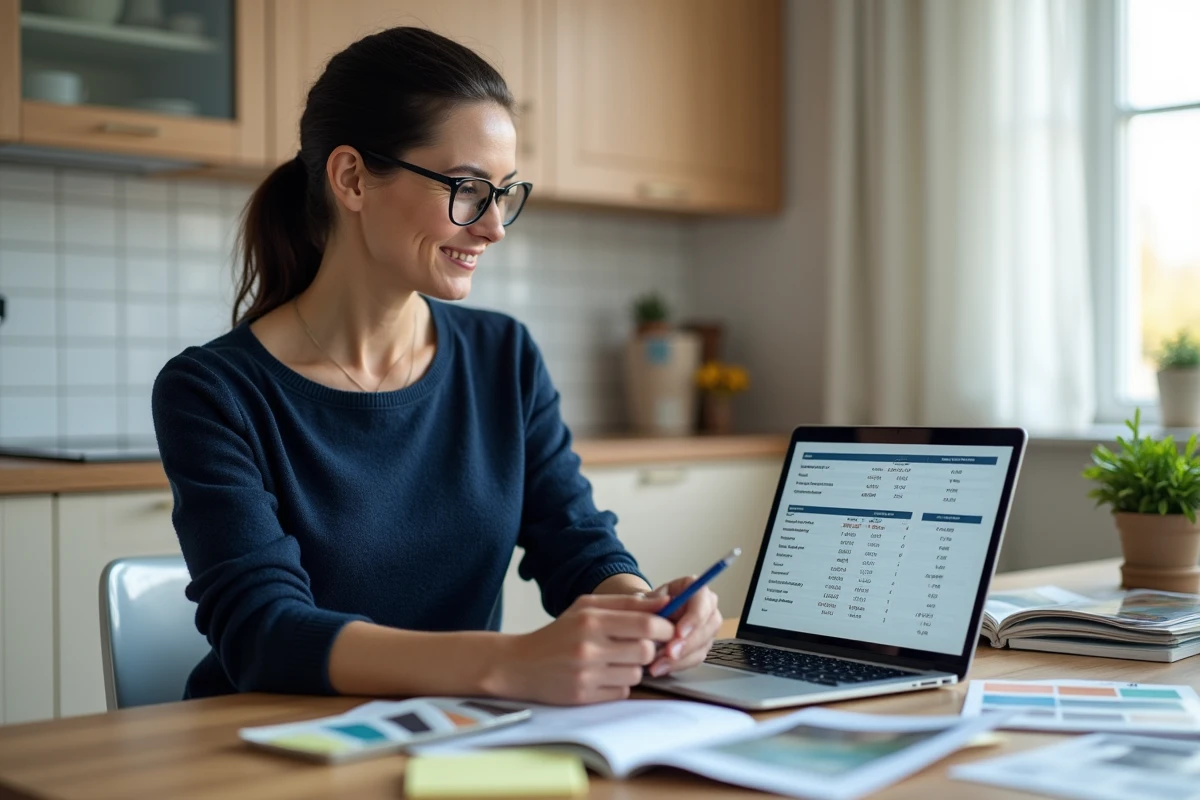 Femme planifiant un budget de rénovation avec des échantillons de matériaux et un tableur en ligne