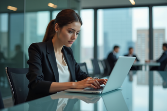 Femme d'affaires concentrée travaillant sur son ordinateur dans un bureau moderne