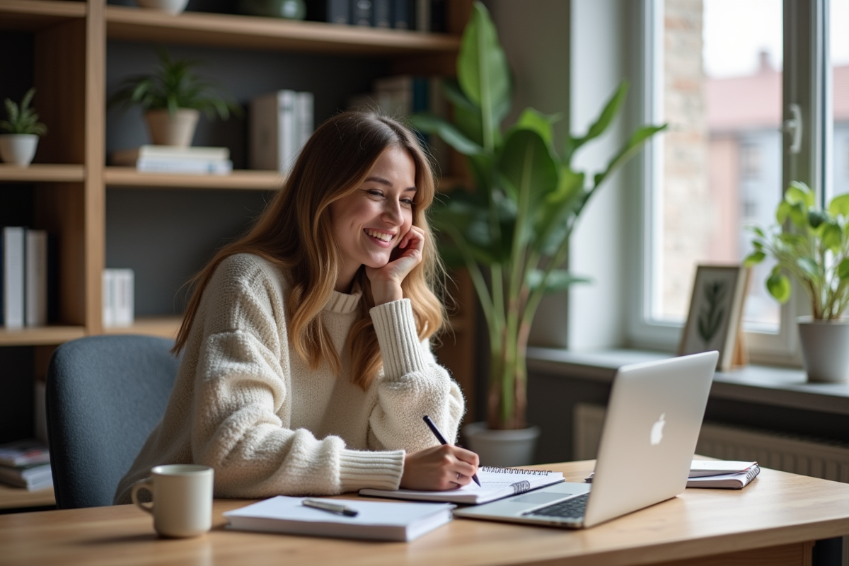 Femme assise à un bureau moderne en tenue décontractée
