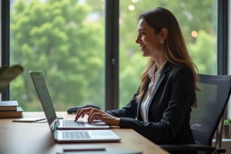 Femme professionnelle souriante devant son ordinateur avec jumpboostpro