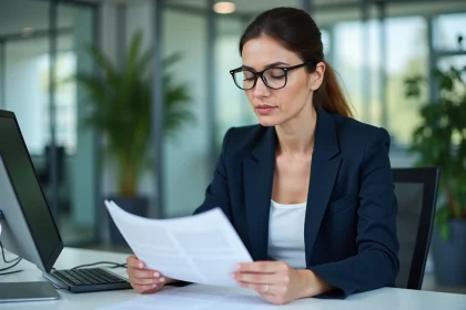 Femme professionnelle en blazer marine lisant une note de service sur les horaires de travail dans un bureau moderne