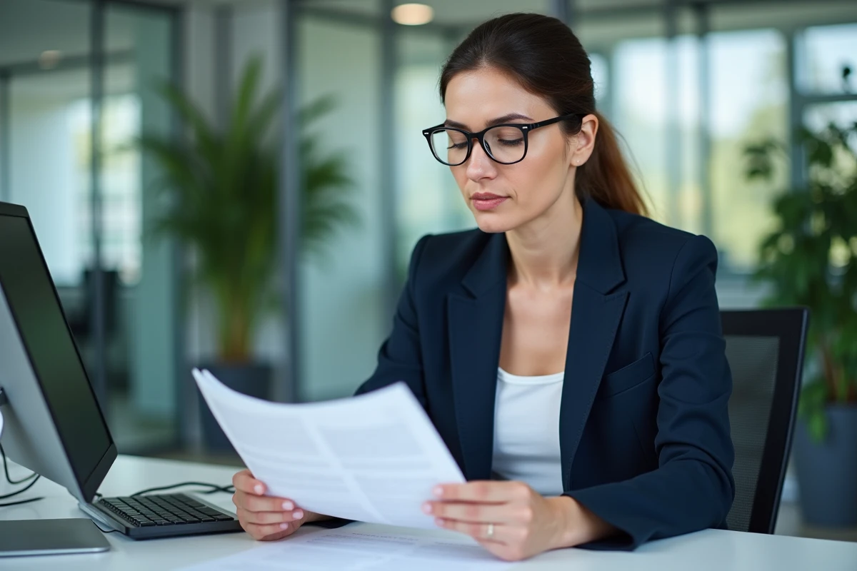 Femme professionnelle en blazer marine lisant une note de service sur les horaires de travail dans un bureau moderne