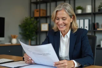 Femme en blazer navy souriante au bureau