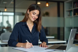 Femme en bureau rédigeant une lettre de motivation