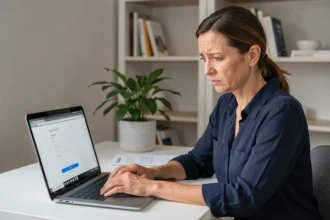 Femme professionnelle frustrée tentant de se connecter à son compte Smartbox sur un ordinateur portable dans un bureau à domicile moderne