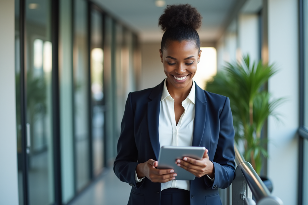 Femme confiante vérifiant sa tablette dans un couloir moderne