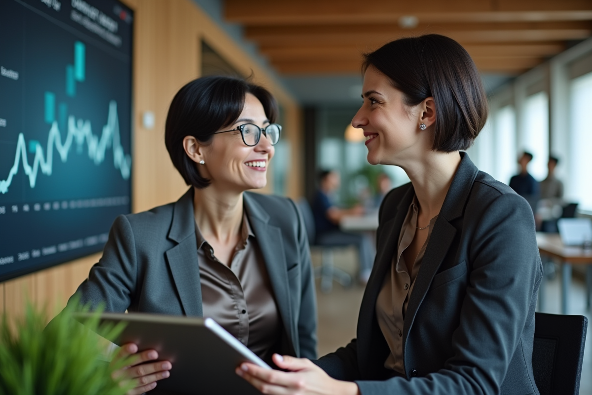 Femme en blazer charbonneux discute avec un collègue