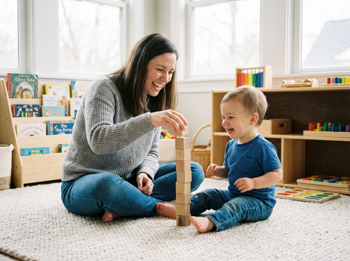 Femme et enfant jouant avec des blocs dans un salon lumineux