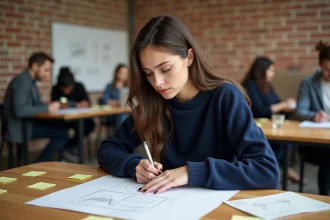 Jeune femme entrepreneur étudiant un schéma de produit MVP dans un espace de co-working, entourée de notes autocollantes