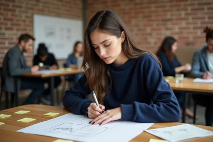 Jeune femme entrepreneur étudiant un schéma de produit MVP dans un espace de co-working, entourée de notes autocollantes