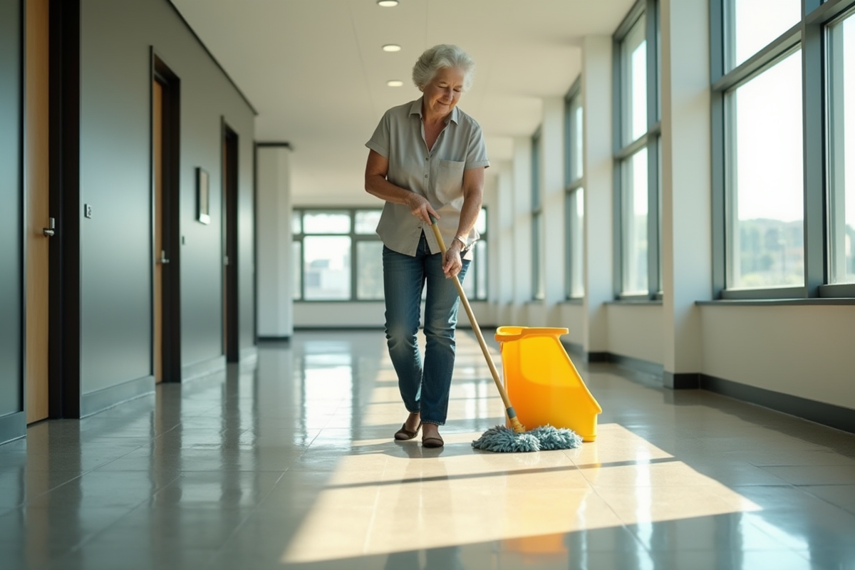 Femme âgée nettoyant le sol dans un couloir lumineux