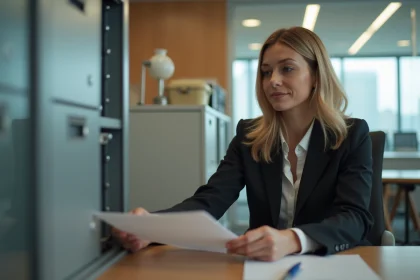 Femme en bureau s&eacute;curis&eacute; verrouillant un document confidentiel