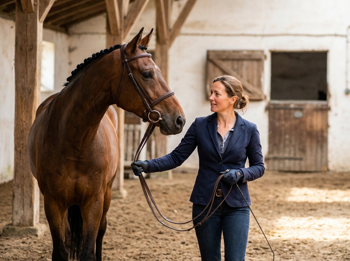 Femme gestionnaire guidant un cheval lors d
