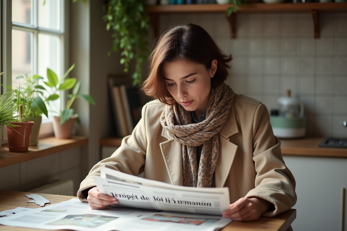 Jeune femme lisant un article sur le projet de loi Darmanin