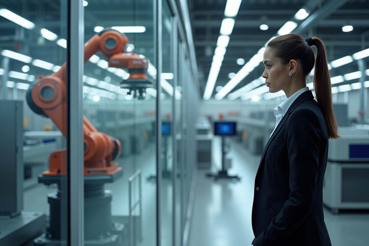 Jeune femme en costume observant un bras robotique industriel