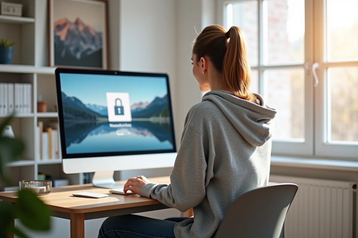 Femme en hoodie regardant un &eacute;cran s&eacute;curis&eacute; dans un bureau lumineux