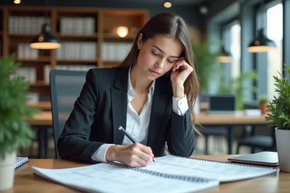 Femme en bureau &eacute;tudiant un calendrier annuel