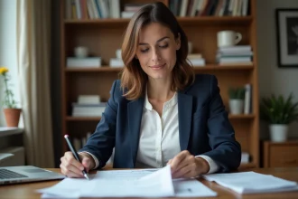 Femme préparant son dossier Pôle emploi à son bureau avant un rendez-vous de radiation